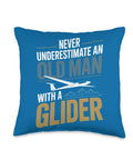 Sailplane Pilot Throw Pillow For Glider Lovers And Soaring Club Members, perfect gift with glider graphic and quote on blue fabric.