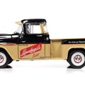 Side view of 1957 Chevy 3100 Stepside Diecast Pickup 1 18 Scale Black And Tan Model With Opening Doors And Hood