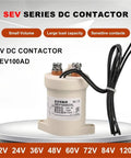 Built Tough High Voltage Contactor For EV Charger 100 Amp Relay Switch With 1 NC Contact And 72 V Control Coil on a display plate.