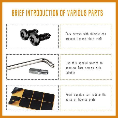 Black Heavy Duty Anti Theft License Plate Screws Kit Set including Torx screws, wrench, and foam cushion for car tag mounting.