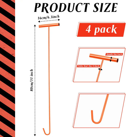4 Pack 31 Inch Orange Fifth Wheel Puller Set For Semi Trucks Fifth Wheel Pin Puller Heavy Duty Cotter Spring Lifting Tool Solid Steel J Hook Dock Hook For Storm Drains And Manhole Covers. Image shows one orange tool, size details provided.