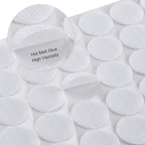 Close-up of 1000 Self Adhesive Dots 500 Pairs Hook And Loop Dots Tape 10mm Nylon Sticky Back Dots White showing texture and glue detail