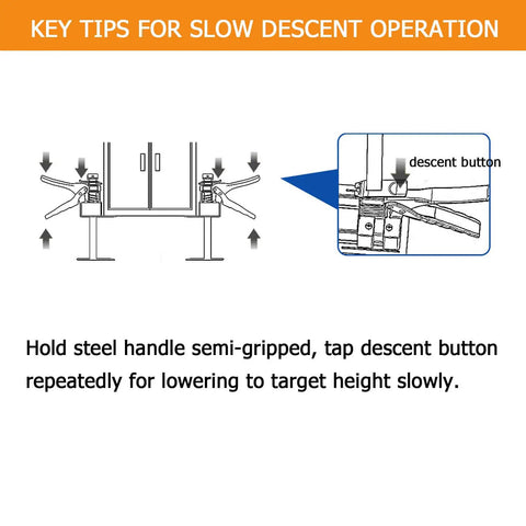 Heavy Duty 15.75-Inch Furniture Jacks 2-Pack operation tips with diagram for slow descent using steel handle and descent button.