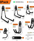 Heavy Duty Garage Hooks Storage Kit With Anti Slip Steel Wall Mount Hangers For Ladders Bikes Garden Tools And Hose 20 Pack with 32 Screws And Anchors, showing various hook sizes and capacities for wooden and brick walls.
