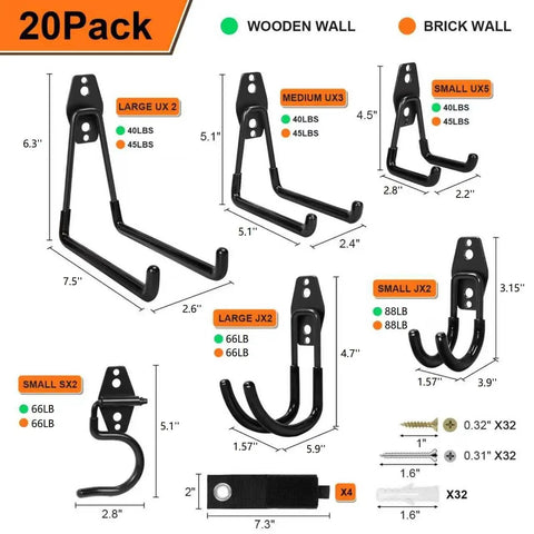 Heavy Duty Garage Hooks Storage Kit With Anti Slip Steel Wall Mount Hangers For Ladders Bikes Garden Tools And Hose 20 Pack with 32 Screws And Anchors, showing various hook sizes and capacities for wooden and brick walls.