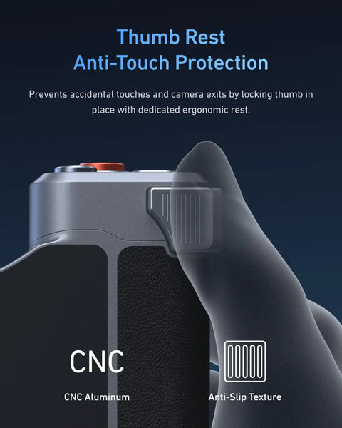 Thumb rest of Master Grip Universal Magnetic Phone Grip With C03 Selfie Light Kit, CNC aluminum with anti-slip texture.