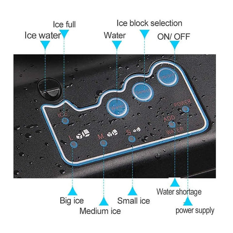 Control panel of Clean Countertop Ice Maker Combo With Glowing Led Screen And Soft Touch Controls featuring ice selection options.