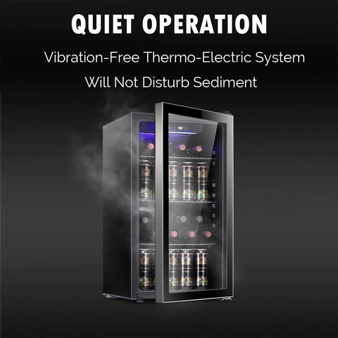26 Bottle Wine Cooler And 130 Can Beverage Refrigerator With Clear Glass Door Quiet Compressor Adjustable Temperature Freestanding Indoor Bar Fridge 3.2 Cu Ft Black with bottles and cans visible