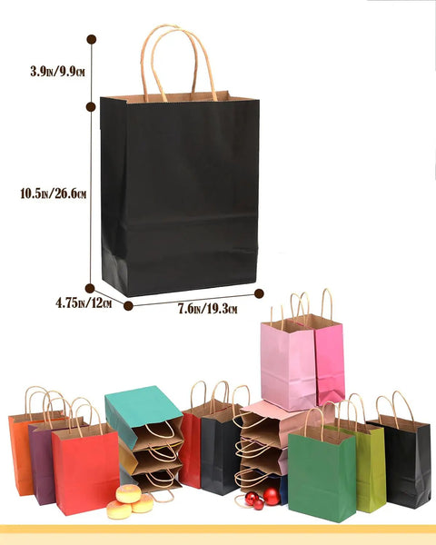 Medium Kraft Gift Bags With Handles, 16 Colorful Options, displayed in assorted colors and sizes, 16-pack party favor bags.