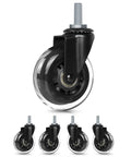 Dead Quiet 3 Inch Office Chair Casters With Standard 5/16 Thread Coarse Stem Smooth Ride Replacement Wheels, clear polyurethane material.