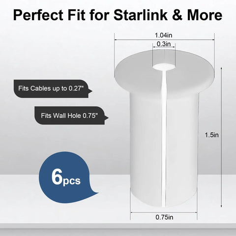 Image of 6 Pack Solid Silicone Cable Grommets for Walls, shows dimensions, fit for cables and wall holes, designed for Starlink.