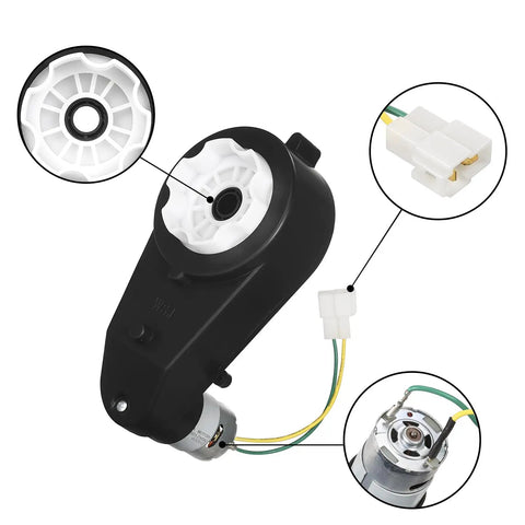 Beefed Up 12V Upgrade Motor Gearbox 2 Pack RS550 40000 RPM for Kids Ride On Cars, close-up view of black casing