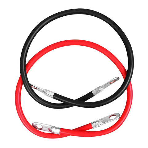 Heavy Duty 4 Awg Battery Cables With Tinned Pure Copper Core And Beefy Rock Solid 3/8 Inch Lugs waterproof insulated cables in red and black.