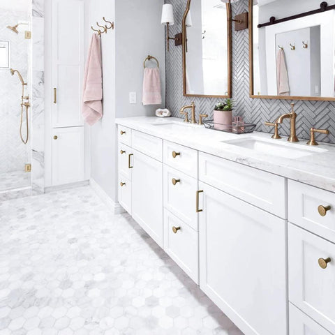 Stylish bathroom with white cabinets featuring Antique Brass Cabinet Knobs 6 Pack Minimalist Round Hardware For Cabinets And Dressers