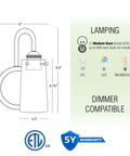 Dimensions and features of Rayne 9.5 Inch Modern Farmhouse Wall Sconce Black Gooseneck Light with Tapered Seeded Glass Shade Matte Black Finish.