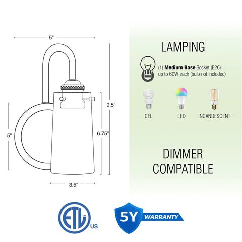 Dimensions and features of Rayne 9.5 Inch Modern Farmhouse Wall Sconce Black Gooseneck Light with Tapered Seeded Glass Shade Matte Black Finish.