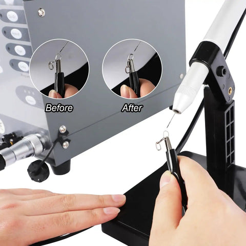 Pro Grade CNC Pulse Argon Arc TIG Jewelry Spot Welder with five shortcut modes showing before and after results