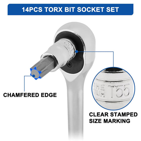 Close-up of chamfered edge and stamped size marking on 14 Piece Torx Bit Socket Set With One Quarter Inch Drive Three Eighths Inch