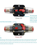 Resettable 100 Amp Fuse Circuit Breaker For Car Audio Systems 12 To 24V DC Overload Protection For Amplifiers Dual Mode Auto Reset And Manual Disconnection Durable Car Audio Fuse Holder For Your Ride showing power on and off states.