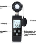 Handheld Lux Meter For Ambient Light Monitoring With MAX MIN Data Hold Digital Photometer, black LCD front view