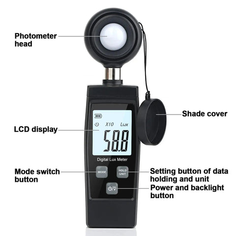 Handheld Lux Meter For Ambient Light Monitoring With MAX MIN Data Hold Digital Photometer, black LCD front view
