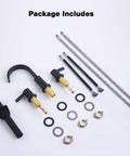Package contents of Matte Black 3 Hole 8 Inch Widespread Bathroom Faucet With Brass Lavatory Vanity Sink, Overflow Pop Up Drain