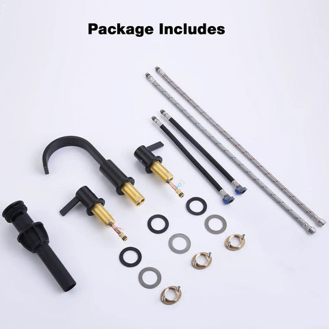 Package contents of Matte Black 3 Hole 8 Inch Widespread Bathroom Faucet With Brass Lavatory Vanity Sink, Overflow Pop Up Drain