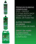 Three 3D ACA510 rubbing compound containers (two 32 oz bottles and a 1 gal jug) with green labels and alpha ceramic alumina
