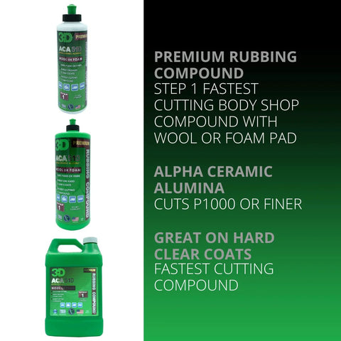 Three 3D ACA510 rubbing compound containers (two 32 oz bottles and a 1 gal jug) with green labels and alpha ceramic alumina