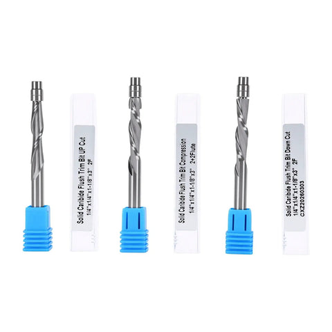 Top Tier 1/4 Inch Flush Trim Router Bit Set With Tungsten Steel Down Spiral Cutting Edge For Professional Woodworking CNC Machines And Exact Finish Cuts On Hardwood Projects Today - Four carbide bits with blue holders.