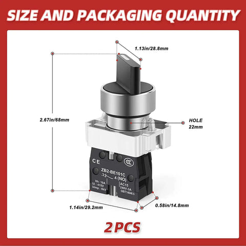 Two Pack Latching Rotary Selector Switch 2 Positions Maintained 1NO SPST 600V 10A with dimensions and construction details