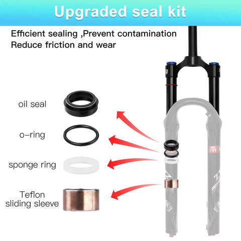 Beefed Up Air Suspension Fork for XC AM Mountain Bike with upgraded seal kit components, oil seal, o-ring, sponge ring, and Teflon sleeve.