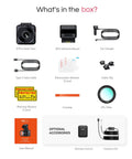 What's included with 4K Mini Dash Cam: dash cam, GPS mount, car charger, cables, stickers, CPL filter, manual, optional accessories.