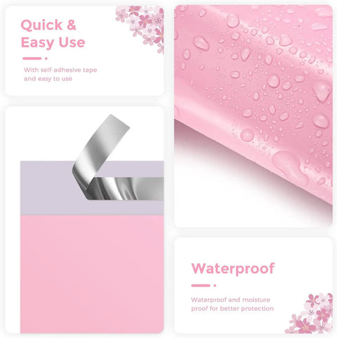 Light Pink 10x13 Poly Mailers 100 Pack Waterproof Shipping Envelopes for Clothing strong adhesive tape and water droplets