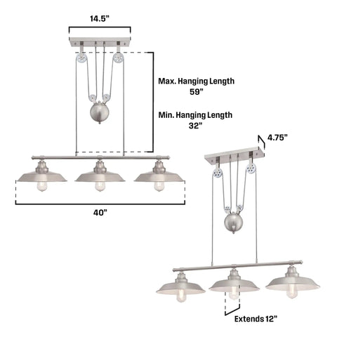 Industrial Vintage Three-Light Island Pendant With Pulley Ceiling Light, white shades, brushed nickel, adjustable 40-inch width