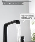 Matte Black Deck Mount Bathtub Faucet With Waterfall Flow Three Hole Tub Filler with visible water flow, 11 GPM at 60 PSI