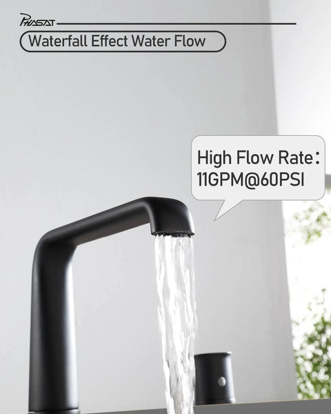 Matte Black Deck Mount Bathtub Faucet With Waterfall Flow Three Hole Tub Filler with visible water flow, 11 GPM at 60 PSI
