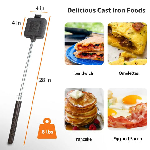 Cast Iron Camp Pie Cooker Set Of 2 For Campfire Sandwiches And Pies, square pie iron with wooden handle, example foods shown