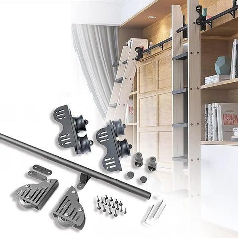 Rolling Ladder Hardware Kit With Floor Roller Track, Adjustable Sliding Ladder System shown in home library setting