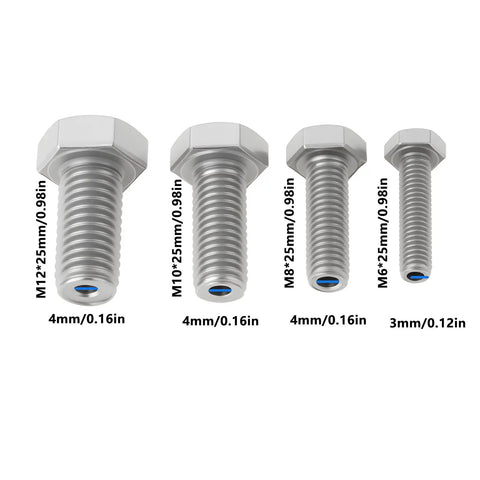 Pro Grade 4 Piece Heavy Duty Stainless Steel Busted Stud Drill Guide Kit M6 M8 M10 M12 with hex head bolts, sizes and drill points shown.