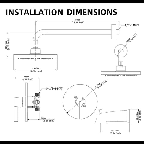 Black Shower Faucet Set With Tub Spout No Fuss Dual Function Trim Kit 8 Inch Rain Shower Head Wall Mounted Rainfall System Includes Rough In Valve And Pressure Balance Ceramic Cartridge installation dimensions