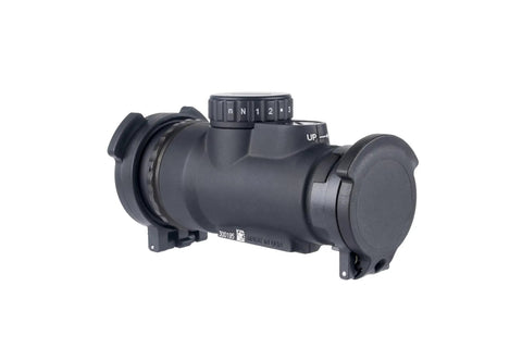 MRO SD Patrol 1x25 Red Dot Sight With Adjustable LED 2 MOA Red Dot side view, sealed housing, capped lenses.