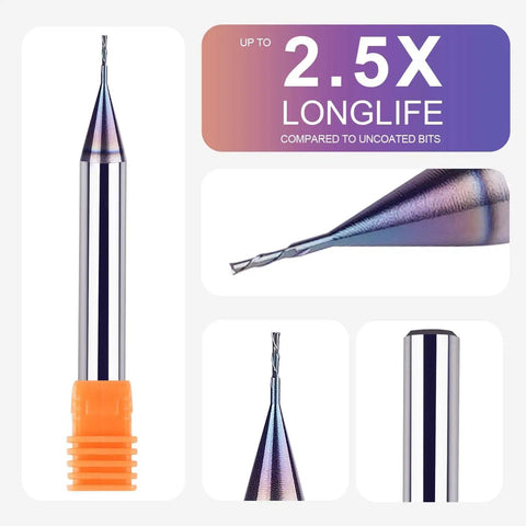 Pro Grade Solid Carbide Down Cut Cnc Router Bit Featuring Rock Solid 1/4 Inch Shank And Precision 1/32 Inch Width, shown in multiple angles.