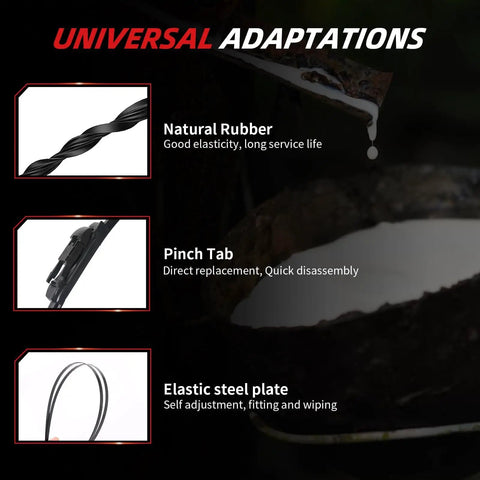 Heavy Duty Windshield Wiper Blades For 2007 To 2013 Chevy Silverado Tahoe Suburban GMC Sierra Yukon Cadillac Escalade Rustproof Aero Frame Road Ready Specs And Super Crisp Sightlines Easy Hookup showcasing natural rubber, pinch tab, and elastic steel plate details.