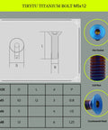 Badass Corrosion Resistant M5 Titanium Countersunk Flat Head Screws M5x12mm structural diagram with dimensions and finishes.