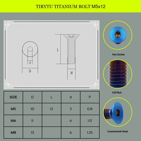 Badass Corrosion Resistant M5 Titanium Countersunk Flat Head Screws M5x12mm structural diagram with dimensions and finishes.