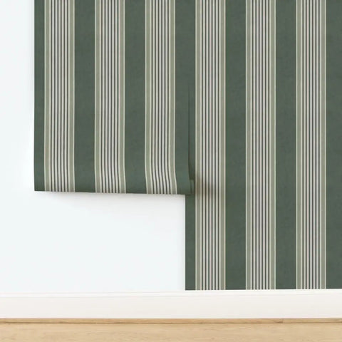 Pro Level Paste To Paper Rustic Victorian Wallpaper With Smooth Matte Linen Texture Hardcore Durable Vinyl Free Wallcovering For Fast Home Makeover And Commercial Space Setup Upgraded Residential And Business Fit, vertical green and white striped design.