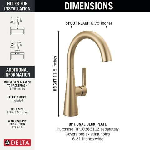 Modern Single Handle Bar Sink Faucet With Smooth Glide Lever And Slick Brushed Gold Finish, dimensions, height 11.5 inches, spout reach 6.75 inches.
