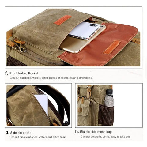 Canvas Batik Camera Backpack Waterproof And Wear Resistant Ultra Large Capacity Gear Bag with front Velcro pocket and side mesh bag.