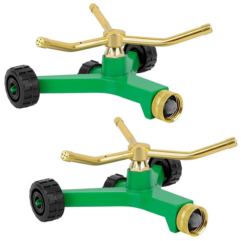 2 Pack 3 Arm Metal Lawn Sprinklers With Rolling Wheel Base For 360 Degree Auto Rotary Watering Of Lawns Gardens Flower Beds